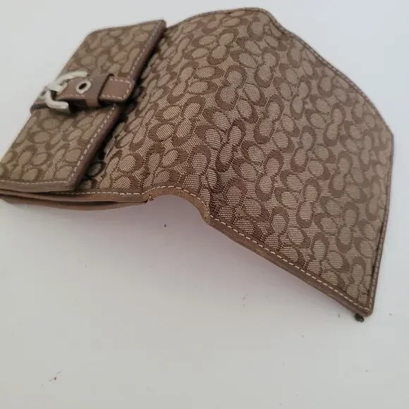 Coach Wallet Canvas Leather Signature Bifold 4x4 Small Brown Compact Logo Buckle - Picture 6 of 10